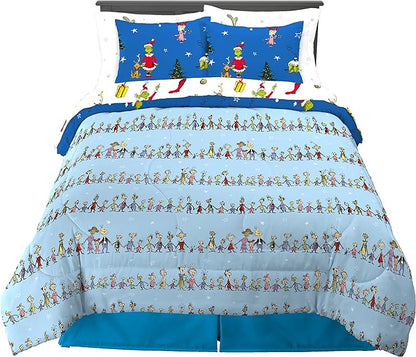 Franco Grinch by Dr. Seuss Holiday & Christmas Bedding Super Soft Comforter and Sheet Set with Sham, 7 Piece Full Size (Official Dr. Seuss product) - LeafyLoom