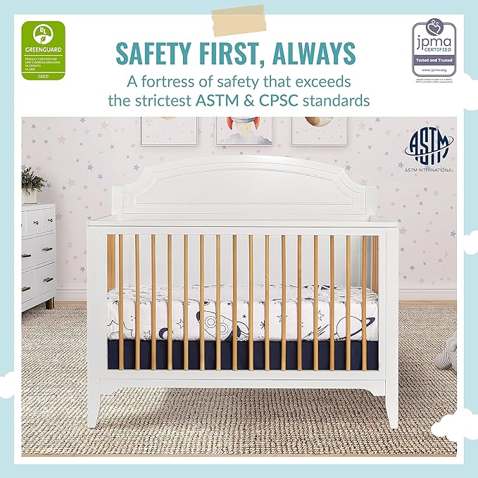 JPMA & Greenguard Gold Certified Milton 5-in-1 Convertible Crib Made with Sustainable New Zealand Pinewood in White and Natural, Non-Toxic Finish - LeafyLoom