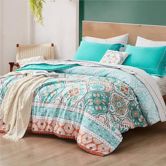 Degrees of Comfort Twin Bed in A Bag 6 Piece, Lattice Boho Bedding Sets for Teen Girls, Aqua Floral Bed Set, Microfiber Colorful Comforter Set with Sheets, Matching Decorative Pillow - LeafyLoom