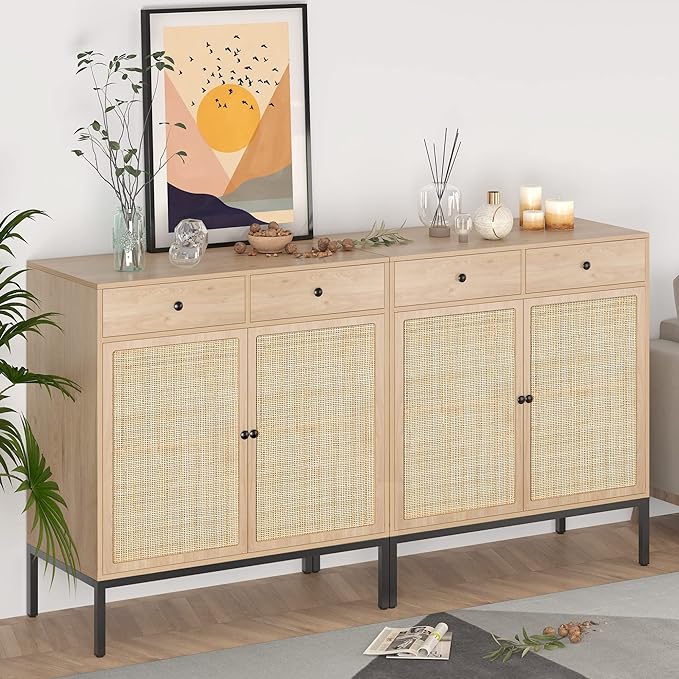 XIAO WEI Set of 2 Sideboard Cabinet with Handmade Natural Rattan Doors and Drawers, Rattan Cabinet Console Table Buffet Cabinet, for Kitchen, Living Room, Hallway, Entryway, Natural - LeafyLoom