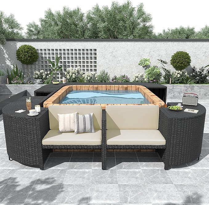 Outdoor Spa Surround Set Patio Furniture with Storage Space, Wood Seatings and Waterproof Cushions, Quadrilateral Rattan Sectional Sofa, for Backyard Deck Poolside, Onesize, Beige - LeafyLoom