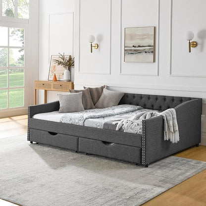 RITSU Queen Size Mid-Century Daybed, 2 Storage Drawers,Linen Button Upholstered Tufted Sofa Bed, Copper Nail on Waved Shape Arms, No Box Spring Needed,for Bedroom, Livingroom, Dark Grey, 84.50 - LeafyLoom