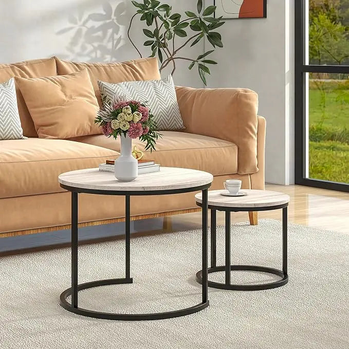 Round Coffee Table Set of 2 for Living Room,Black Small Coffee Table Living Room Table,Nesting Tables Metal Frame/Wood,Sturdy and Easy Assembly,Stacking Side Tables Bedroom,White Oak - LeafyLoom