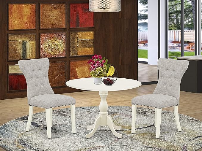 East West Furniture DMGA3-LWH-35 3 Piece Dinette Set for Small Spaces Contains a Round Dining Table with Dropleaf and 2 Doeskin Linen Fabric Parsons Dining Chairs, 42x42 Inch, Linen White - LeafyLoom