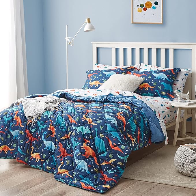 Kids Twin Bedding Comforter Set for Boys, 5 Pieces Soft Lightweight Dinosaur Bedding Twin Set with Sheets, Bed in a Bag, Durable Boys Twin Comforter Set - LeafyLoom