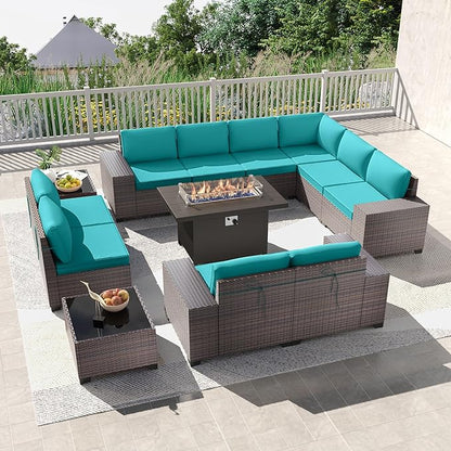 Kullavik 13PCS Outdoor Patio Furniture Set with 43" 55000BTU Gas Propane Fire Pit Table PE Wicker Rattan Sectional Sofa Patio Conversation Sets,Blue - LeafyLoom