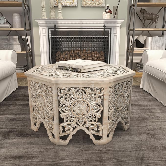 Deco 79 Wooden Floral Handmade Living Room Coffee Table Intricately Carved Table with Hollow Interior, Center Table 33" x 33" x 18", Light Gray - LeafyLoom