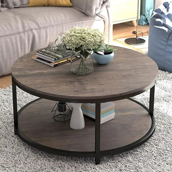 NSdirect Round Coffee Table,36" Coffee Table for Living Room,2-Tier Rustic Wood Desktop with Storage Shelf Modern Design Home Furniture(Light Walnut) - LeafyLoom