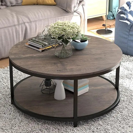 NSdirect Round Coffee Table,36" Coffee Table for Living Room,2-Tier Rustic Wood Desktop with Storage Shelf Modern Design Home Furniture(Light Walnut) - LeafyLoom