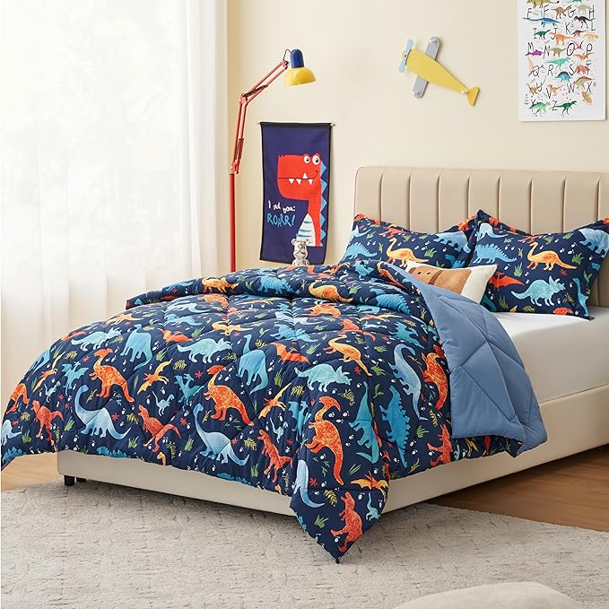 Queen Dinosaur Kids Bedding Set for Boys, 3 Pieces Queen Dinosaur Kids Comforter Sets, Super Soft Lightweight for All Seasons, Includes 1 Comforter (88"x88") and 2 Pillowcase (20"x26"+2") - LeafyLoom