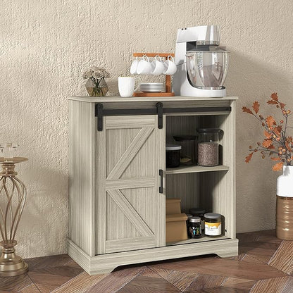 Panana Sliding Barn Door Buffet Sideboard Storage Cabinet Coffee Bar Kitchen Farmhouse Style (Oak) - LeafyLoom