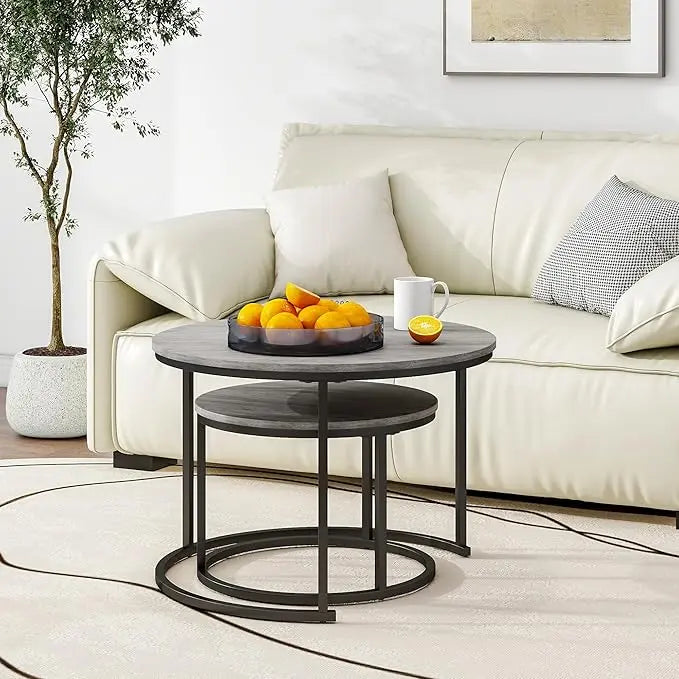 Nesting Round Coffee Table Set of 2 End Tables for Living Room,Grey Coffee Table Wooden Accent Furniture with Metal Frame,Stacking Side Tables,Black+Warm Grey - LeafyLoom