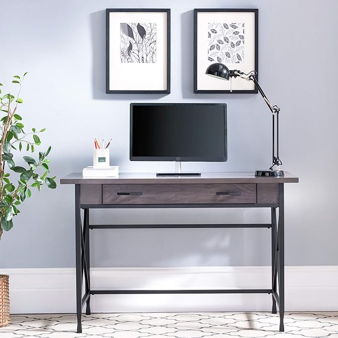 Leick Home 23400 Chisel & Forge Writing Computer Desk with Drop Front Keyboard Drawer, Smoke Gray and Matte Black - LeafyLoom