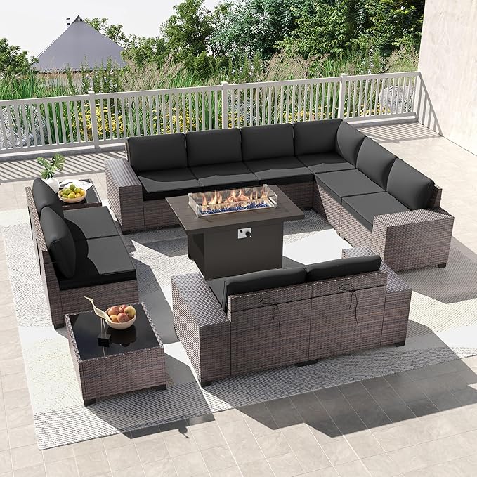 Kullavik 13PCS Outdoor Patio Furniture Set with 43" 55000BTU Gas Propane Fire Pit Table PE Wicker Rattan Sectional Sofa Patio Conversation Sets,Black - LeafyLoom