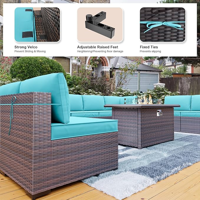 Kullavik 15PCS Outdoor Patio Furniture Set with 43" 55000BTU Gas Propane Fire Pit Table PE Wicker Rattan Sectional Sofa Patio Conversation Sets w/8 Coner Sofas,Blue - LeafyLoom