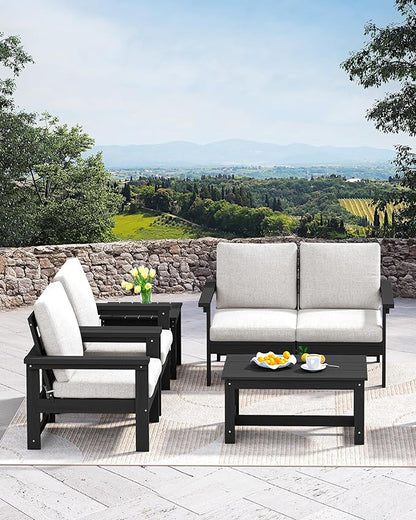 SERWALL HDPE Patio Furniture Set, 1 Pieces Outdoor Sectional Conversation Sofa Set, All Weather Patio Couch Furniture with Coffee Table for Balcony, Deck, Black - LeafyLoom