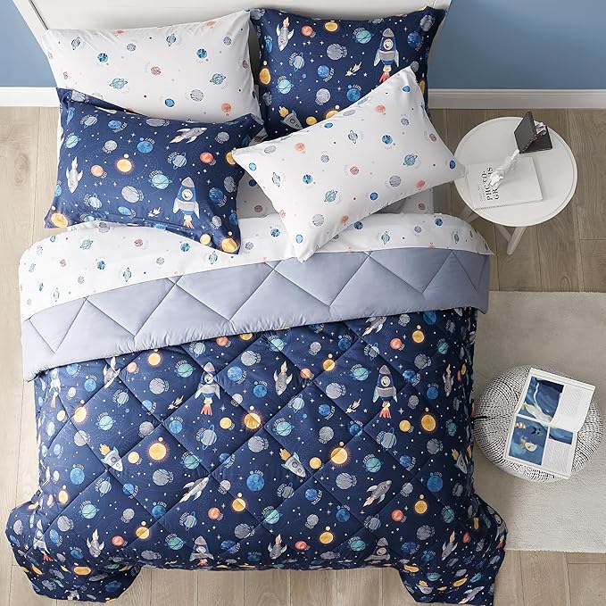 Kids Bedding Set for Boys, Twin Size 5 Pieces Space Themed Bed in a Bag, Super Soft Lightweight Microfiber Comforter Set with Sheets, Hotel Quality Durable Children Bed Set - LeafyLoom