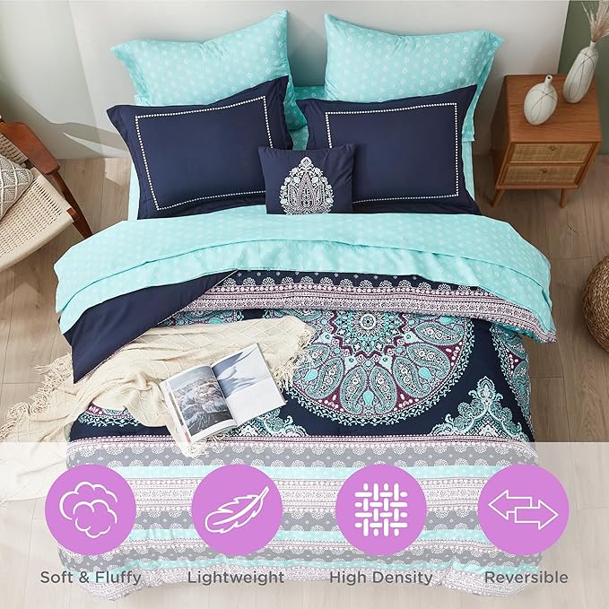 Degrees of Comfort Teen Twin Complete Comforter Sets for Girls, Boho Medallion Tween Bed in A Bag 6 Piece, Blue Microfiber Bedding Set with Sheets, Matching Decorative Pillow - LeafyLoom