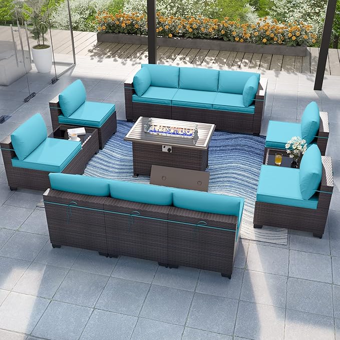 Patio Furniture Set with Fire Pit Table 13 PCS Outdoor Sectional Furniture Outdoor Rattan Patio Conversation Sets with 43in 55,000 BTU Propane Gas Fire Pit Table Glass Table, Blue - LeafyLoom