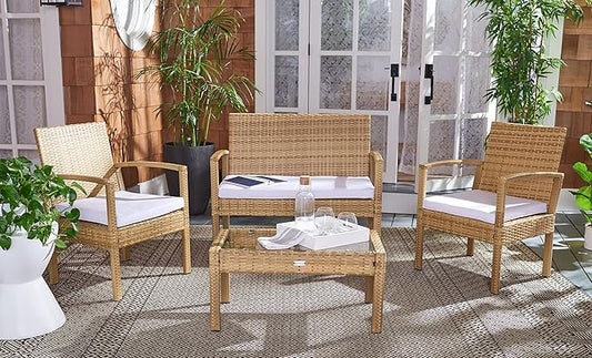 SAFAVIEH Outdoor Collection Bassey Natural/White Cushion 4-Piece Conversation Patio Set PAT7507D - LeafyLoom