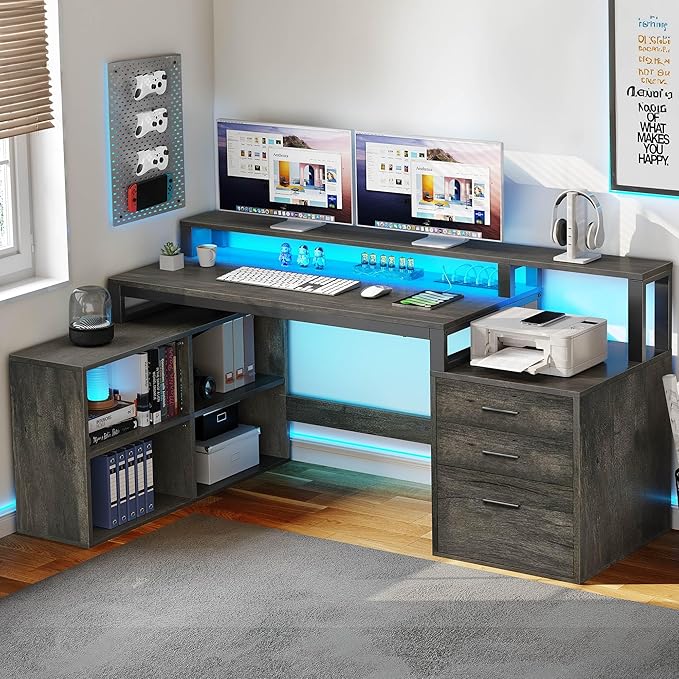 YITAHOME L Shaped Desk with 3 Drawers, 65" Corner Computer Desk with Power Outlets & LED Lights, L-Shaped Desk with File Cabinet & Printer Stand for Home Office, Grey - LeafyLoom