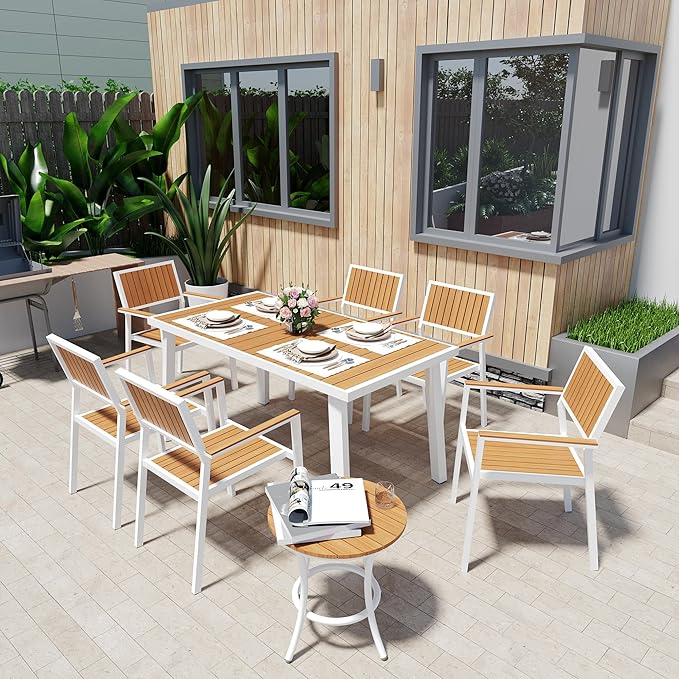 Pamapic 8-Piece Patio Dining Set，Outdoor Aluminum Furniture Set with Plastic-Wood Table Top,Outdoor Furniture Set with 6 Outdoor Stackable Chairs for Patio Garden Poolside (White) - LeafyLoom