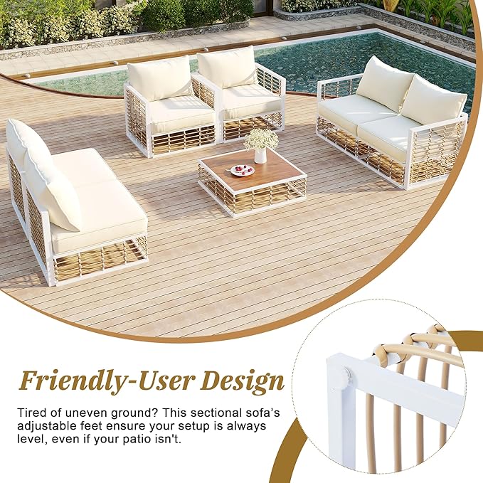 7-Piece Rattan Woven Outdoor Patio Furniture Set, All-Weather Sectional Sofa with Removable Cushions&Coffee Table, Minimalist Style Garden Couch Seating, Onesize, White Frame+Ivory Cushion - LeafyLoom