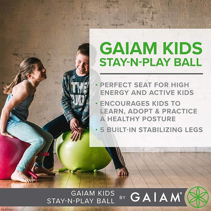 Gaiam Kids Stay-N-Play Children's Balance Ball, Flexible School Chair Active Classroom Desk Alternative Seating, Built-In Stay-Put Soft Stability Legs, Includes Air Pump, 45cm, Purple Miss Sunshine - LeafyLoom