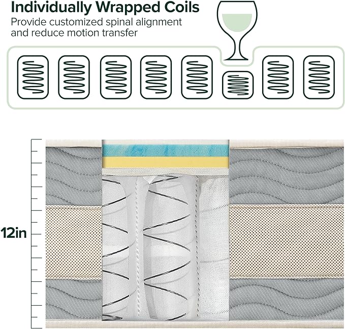 Zinus 12 Inch Cooling Comfort Support Hybrid Mattress [New Version], Queen, Fiberglass free, Medium Plush, Cooling Motion Isolation, Certified Safe Foams & Fabric, Mattress in A Box - LeafyLoom