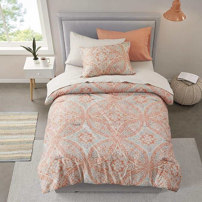 Comfort Spaces Bed in A Bag - Trendy Casual Design Cozy Comforter with Complete Sheet Set with Side Pocket, All Season Cover, Matching Shams, Twin(66"x90"), Gloria, Damask Coral 6 Piece - LeafyLoom