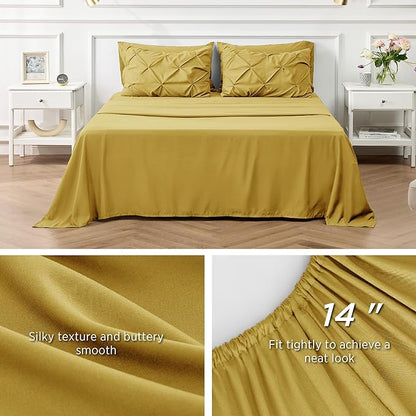 Bedsure Twin Comforter Set with Sheets - 5 Pieces Twin Bedding Sets, Pinch Pleat Mustard Yellow Twin Bed in a Bag with Comforter, Sheets, Pillowcase & Sham - LeafyLoom