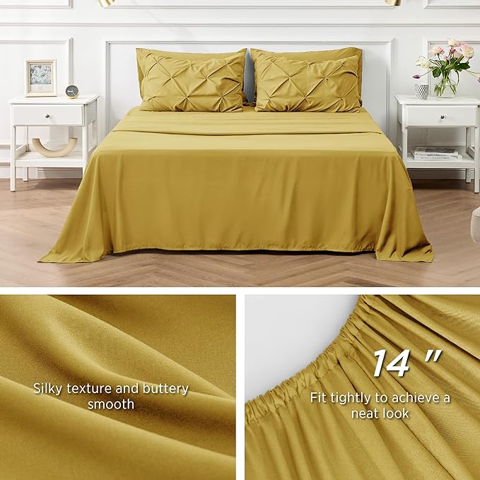 Bedsure Mustard Yellow King Size Comforter Set - Bedding Set King 7 Pieces, Pintuck Bed in a Bag Green Bed Set with Comforter, Sheets, Pillowcases & Shams - LeafyLoom