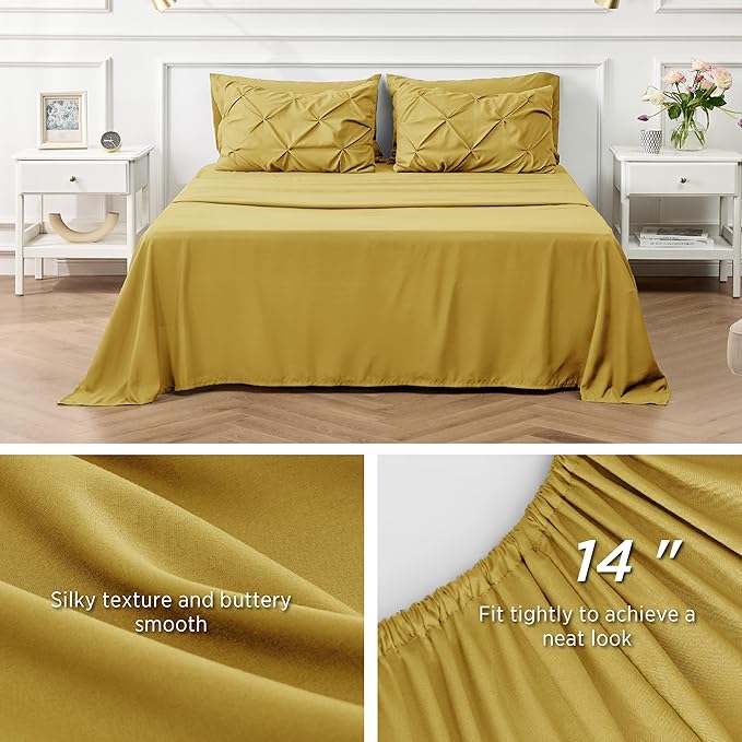 Bedsure Mustard Yellow King Size Comforter Set - Bedding Set King 7 Pieces, Pintuck Bed in a Bag Green Bed Set with Comforter, Sheets, Pillowcases & Shams - LeafyLoom