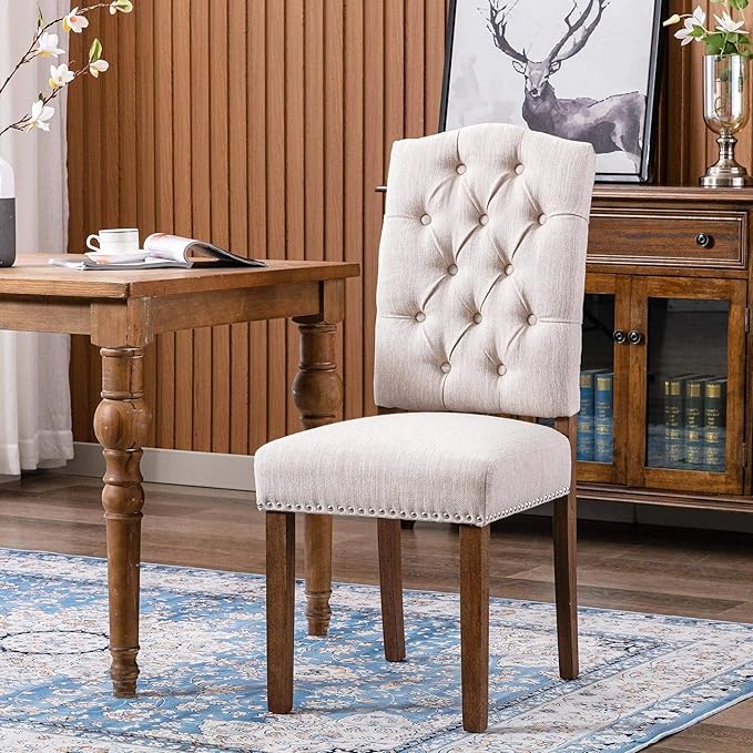 Stylish Upholstered Nailhead Trim and Sturdy Solid Wood Legs Parson Dining Chair, Set of 4, Beige - LeafyLoom