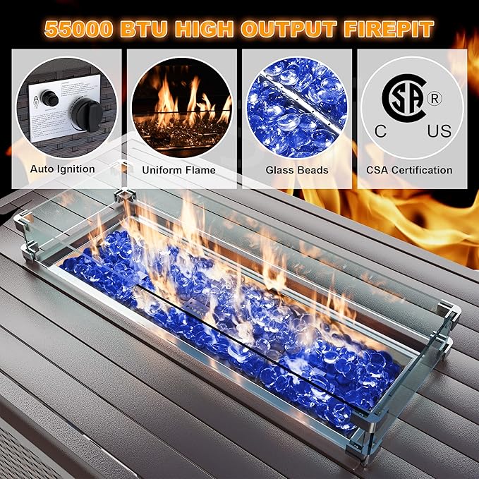 Patio Furniture Set with Fire Pit Table 8 PCS Outdoor Sectional Furniture Outdoor Rattan Patio Conversation Sets with 43in 55,000 BTU Propane Gas Fire Pit Table Glass Table, Blue - LeafyLoom