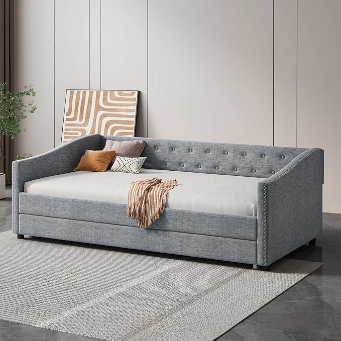 Twin Size Daybed with Trundle, Linen Upholstered Tufted Sofa Day Bed Frame with Button, Waved Shape Arms & Nailhead, Wooden Slats Support for Apartment,Bedroom, Light Grey - LeafyLoom