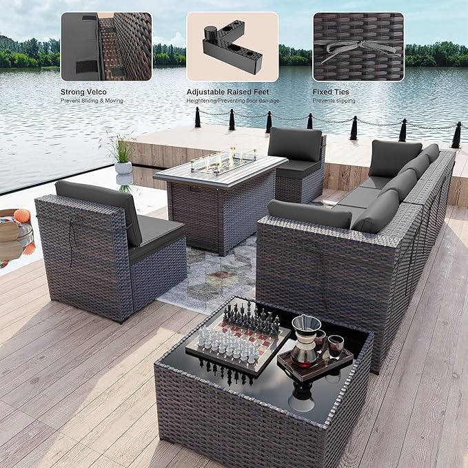 Kullavik 8 Pieces Outdoor Patio Furniture Set with 43" Gas Propane Fire Pit Table PE Wicker Rattan Sectional Sofa Patio Conversation Sets,Grey - LeafyLoom