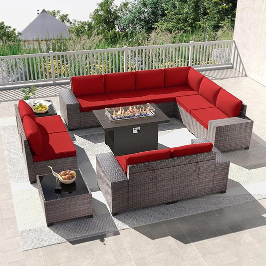 Kullavik 13PCS Outdoor Patio Furniture Set with 43" 55000BTU Gas Propane Fire Pit Table PE Wicker Rattan Sectional Sofa Patio Conversation Sets,Red - LeafyLoom