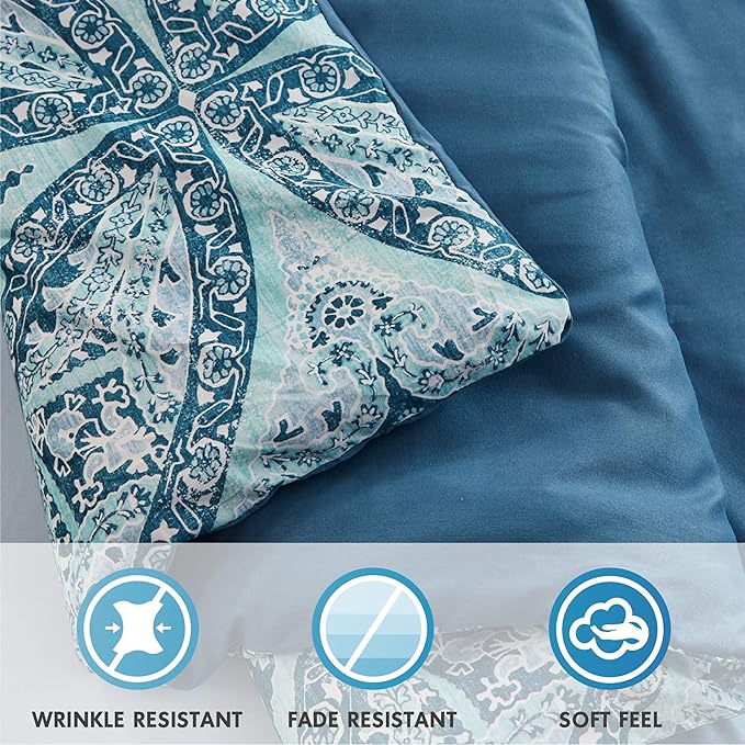 Comfort Spaces Bed in A Bag - Trendy Casual Design Cozy Comforter with Complete Sheet Set with Side Pocket, All Season Cover, Matching Shams, Twin(66"x90"), Gloria, Damask Blue 6 Piece - LeafyLoom