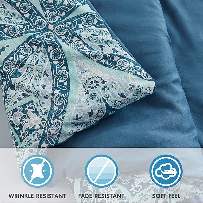 Comfort Spaces Bed in A Bag - Trendy Casual Design Cozy Comforter with Complete Sheet Set with Side Pocket, All Season Cover, Matching Shams, Twin XL(66 in x 90 in), Gloria, Damask Blue 6 Piece - LeafyLoom