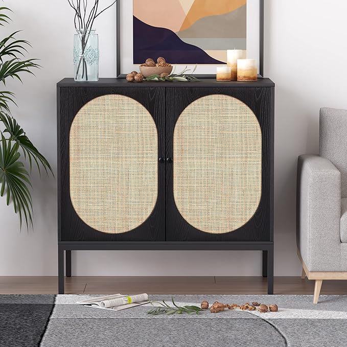 XIAO WEI Buffet Sideboard with Handmade Natural Rattan Woven Doors, Buffet Cabinet Accent Cabinet Rattan Cabinet, Sideboard Cabinet, for Kitchen Living Room Living Room Entryway, Black,Oval Doors - LeafyLoom