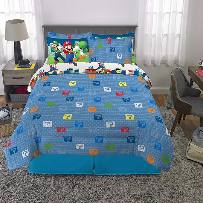 Franco Kids Bedding Super Soft Comforter and Sheet Set with Sham, 7 Piece Full Size, Mario - LeafyLoom