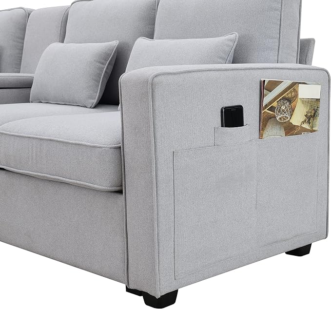 114.2" Linen Upholstered Sofa with Consoleand 2 USB Ports Wired or Wirelessly Charged,Modern 4-Seat Couches W/ 4 Pillows and Two Cupholders,for Living Room,Apartment, Gray, Light Grey - LeafyLoom