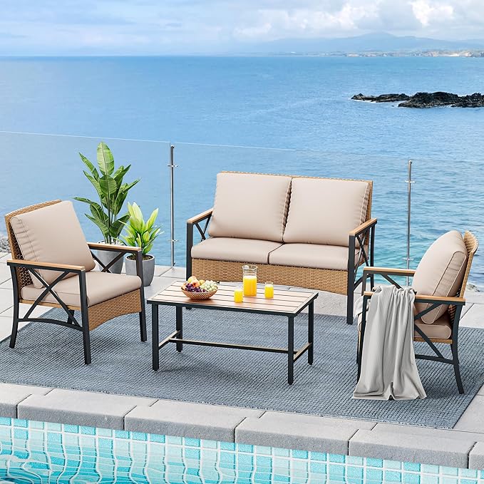 YITAHOME 4-Piece Patio Wicker Furniture Set with Wood Armrest, All Weather Rattan Conversation Furniture Sets for Backyard, Balcony, Deck w/Soft Cushions and Plastic Wood Table (Light Brown+Beige) - LeafyLoom