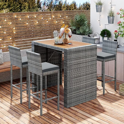 Outdoor Dining Set for 4, Rattan Patio Table with Acacia TableTop, Bar-Height Chairs, Fixed Rope, Removable Cushion, Garden Furniture, Onesize, Brown Wood+Gray Wicker - LeafyLoom