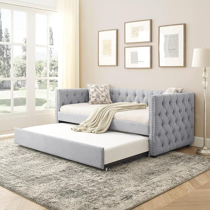 Linen Upholstered Twin Size Daybed with Twin Trundle, Wooden Sofa Bed Frame w/Button Tufted and Copper Nail on Square Arms, for Bedroom, Guest Room, No Spring Box Need, Grey - LeafyLoom