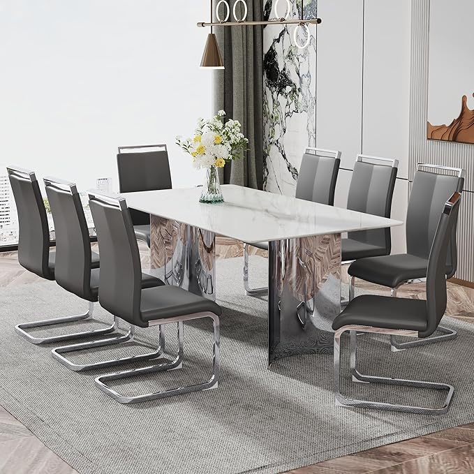 NicBex Modern Minimalist Dining Table White Imitation Marble Glass Desktop is Equipped with Silver Metal Legs Suitable for Restaurants and Living Rooms, White + Silver - LeafyLoom