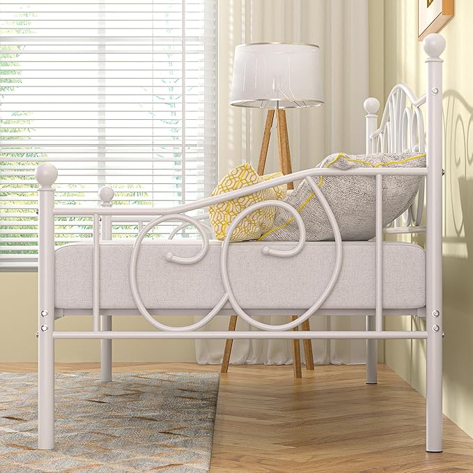 VECELO Twin Daybed Frame, Metal Day Bed with Classic Headboard, Multifunctional Platform Beds for Bedroom, Living Room, Guest Room, No Boxing Spring Needed, White - LeafyLoom