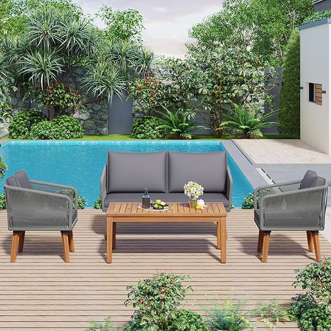 4-Piece, Outdoor Furniture with Loveseat, 2 Chairs and Table, Patio Conversation Set Deep Seating with Thick Backyard Porch Balcony, Zh-Dark Grey Cushion + Grey Rope - LeafyLoom