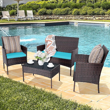 Patio Furniture Set,4 Piece Garden Conversation Set, Outdoor Wicker Rattan Table and Chairs, Black Patio Set, Sectional Sofa with Thick Cushion for Garden, Yard, or Porch (Brown/Blue) - LeafyLoom